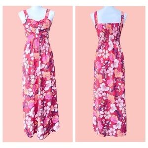 🎁 MONTEAU LA Pink & Red Floral Smocked Maxi Dress Sleeveless Size XS